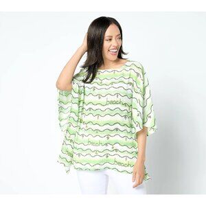 Quacker Factory Blouse Size 1X Charmed I'm Shore Butterfly Top Green Beach NEW